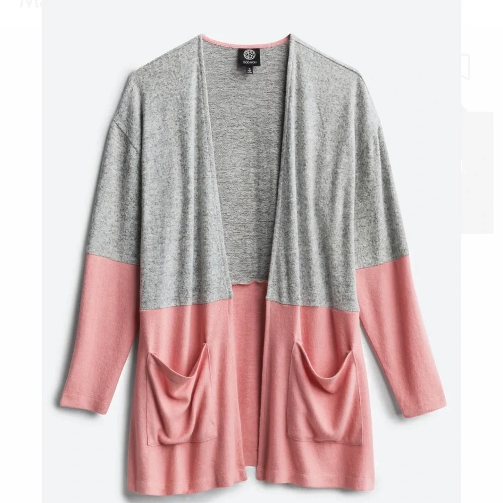 Bobeau's Mara 2 Pocket Open Cardigan, pink/grey, size Large